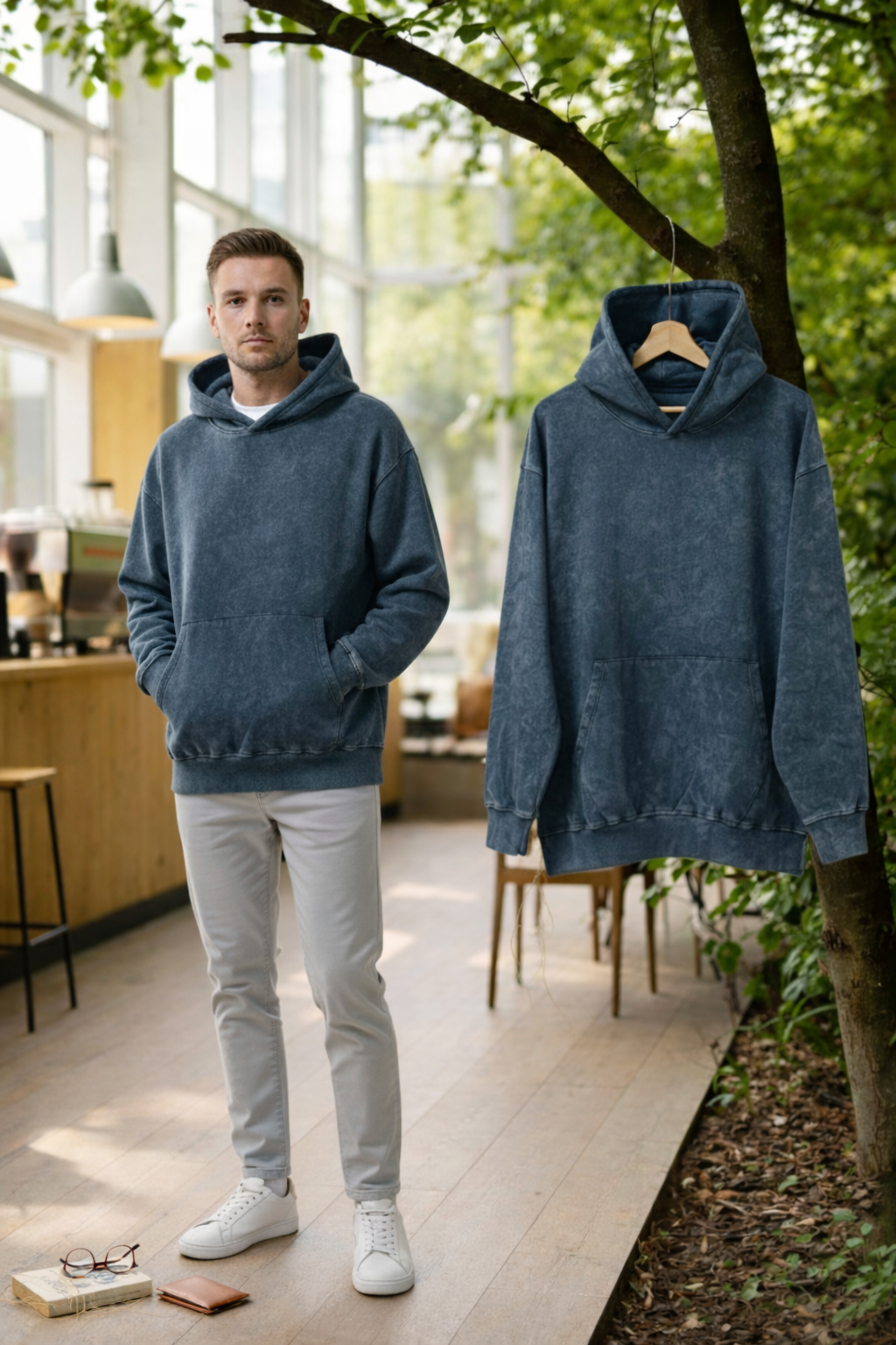 Premium Oversized Blue Acid-Wash Hoodie